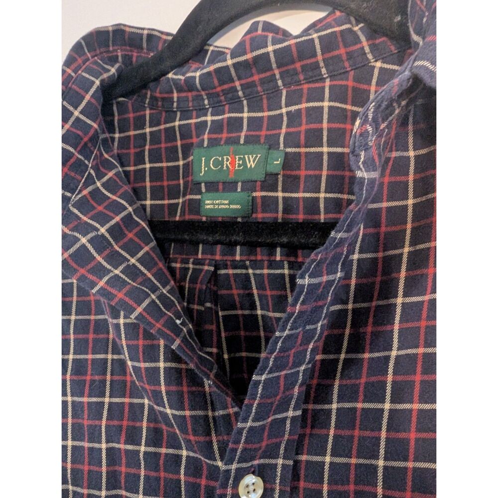 Vintage J.Crew Flannel Shirt Men's Large Navy Windowpane Plaid 100% Cotton